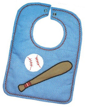 Blue checkered bib with baseball and bat design on a white background