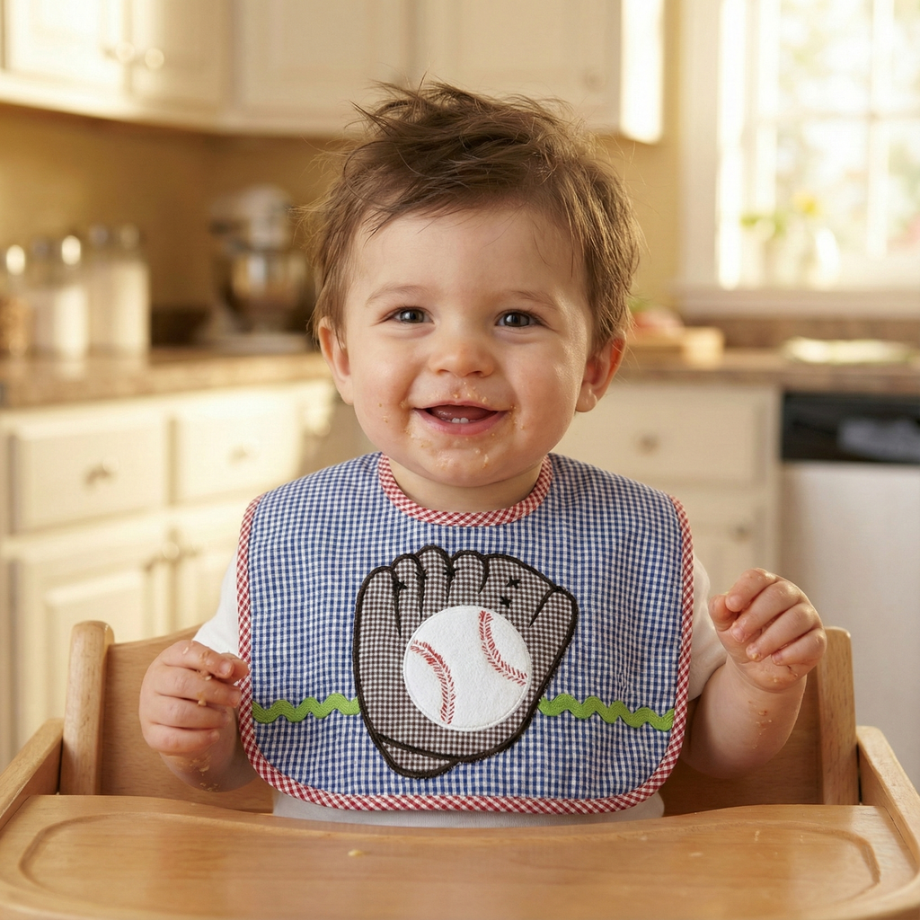 Child wearing a bib with a baseball glove design in a kitchen