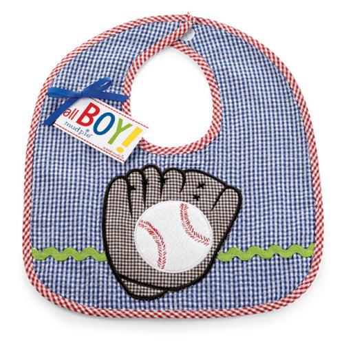 Baby bib with baseball design and 'All Boy' text on a white background