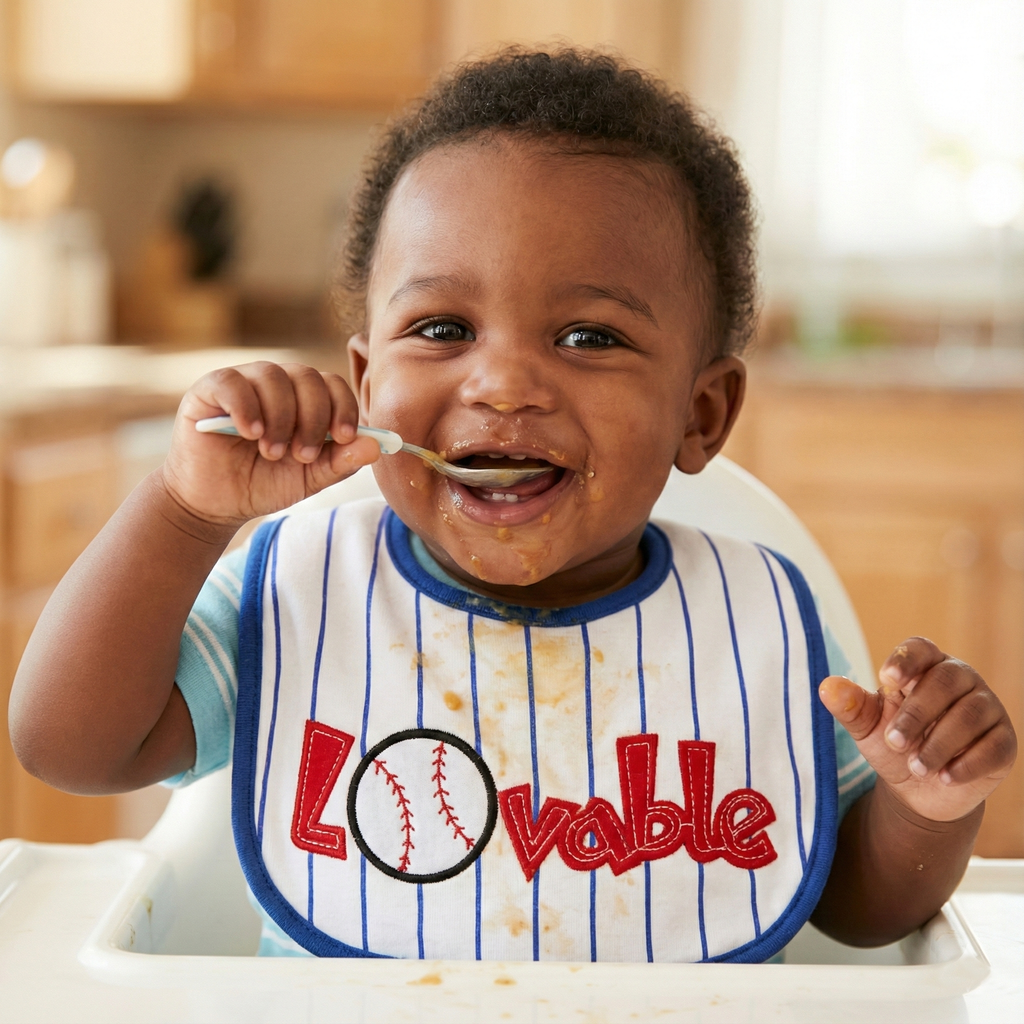 Child in a high chair wearing a baseball bib with 'Lovable' printed on it, eating with a spoon.