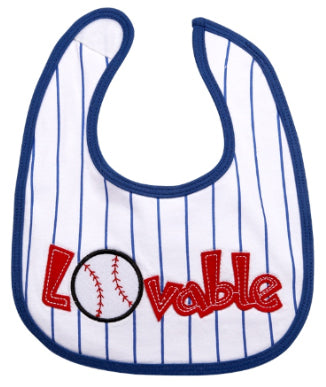 Baby bib with pinstripe pattern and 'Lovable' text, featuring a baseball graphic.