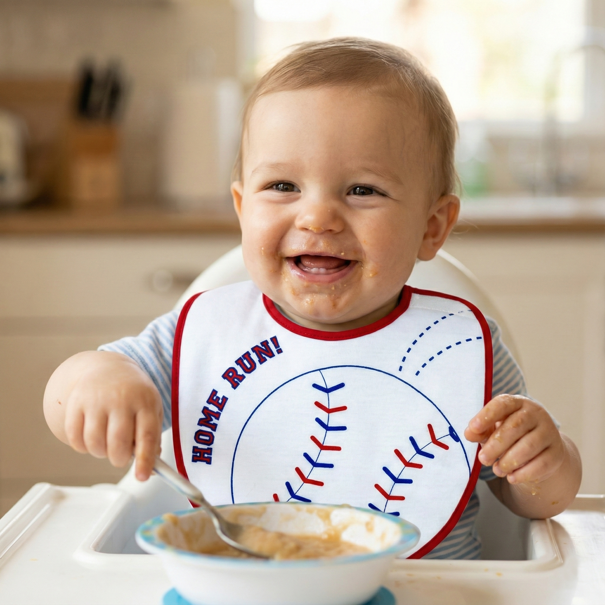 Baby in a high chair wearing a baseball bib with 'Home Run!' text, eating from a bowl.
