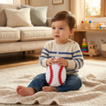 Mud Pie Plush Baseball Bottle Cover held by a boy in the family room.