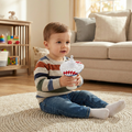 Mud Pie Baseball Baby Bottle Bud use by a boy in the living room.