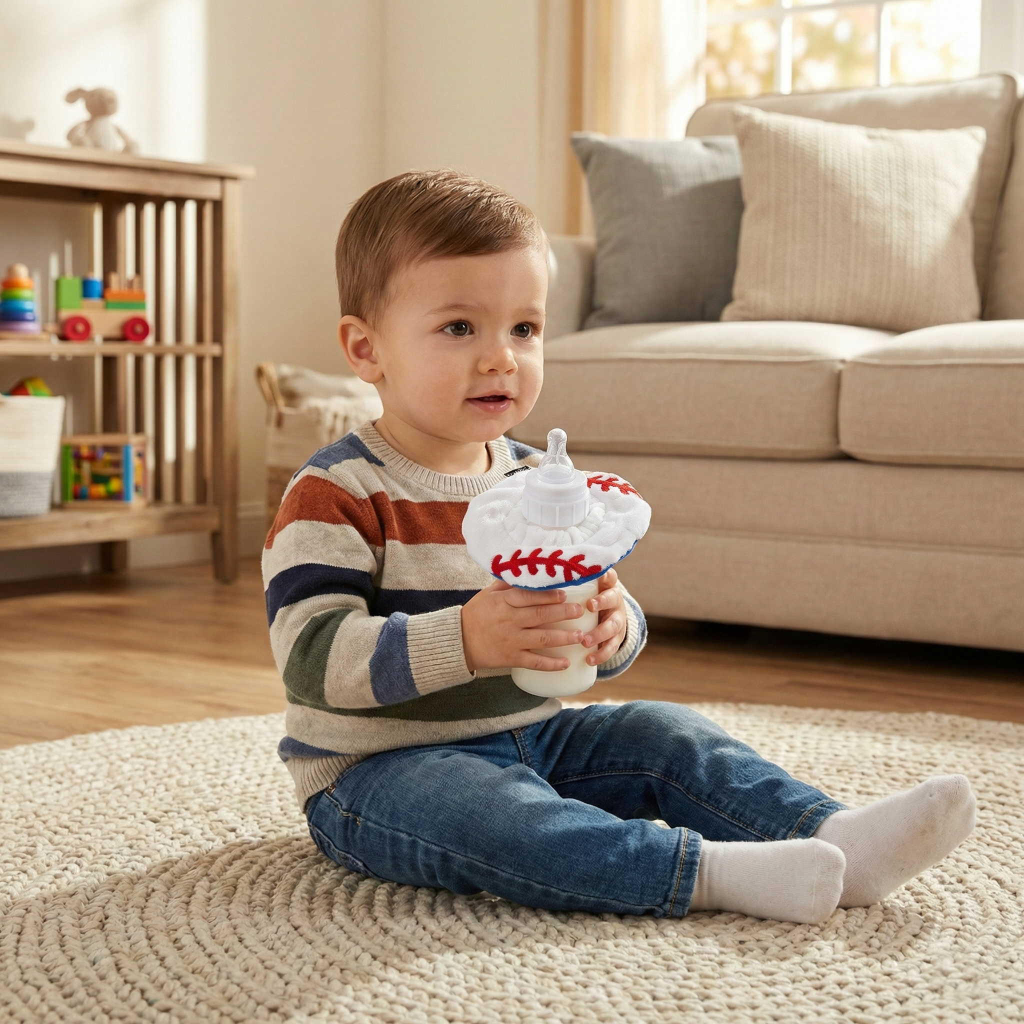 Mud Pie Baseball Baby Bottle Bud use by a boy in the living room.