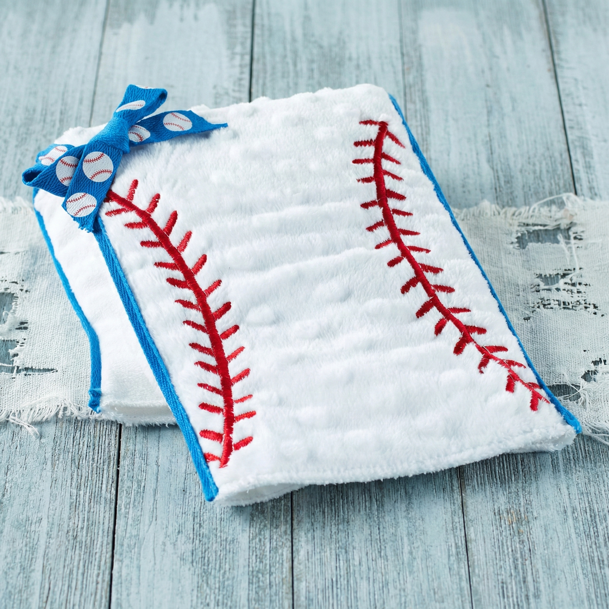 Mud Pie Soft Baseball Baby Burp Cloth on wood surface