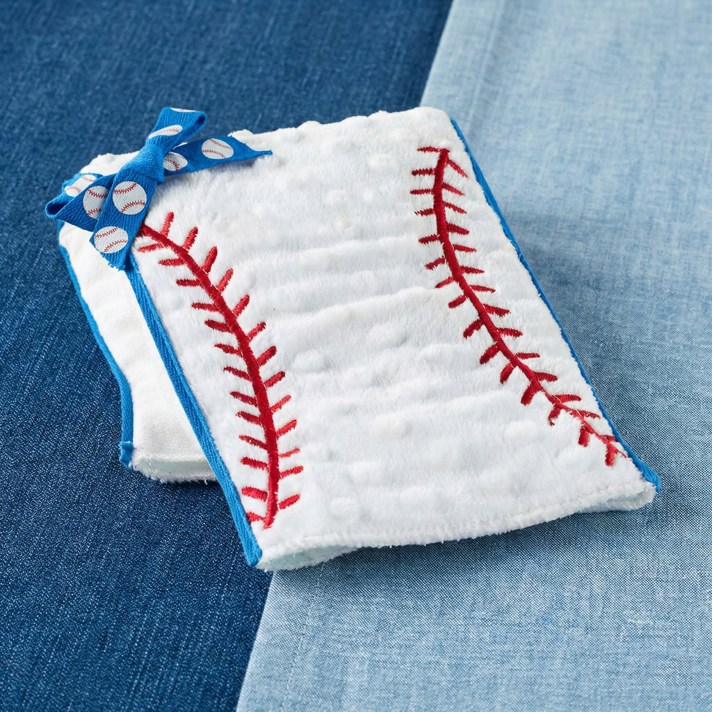 Mud Pie Soft Baseball Baby Burp Cloth on a blue background