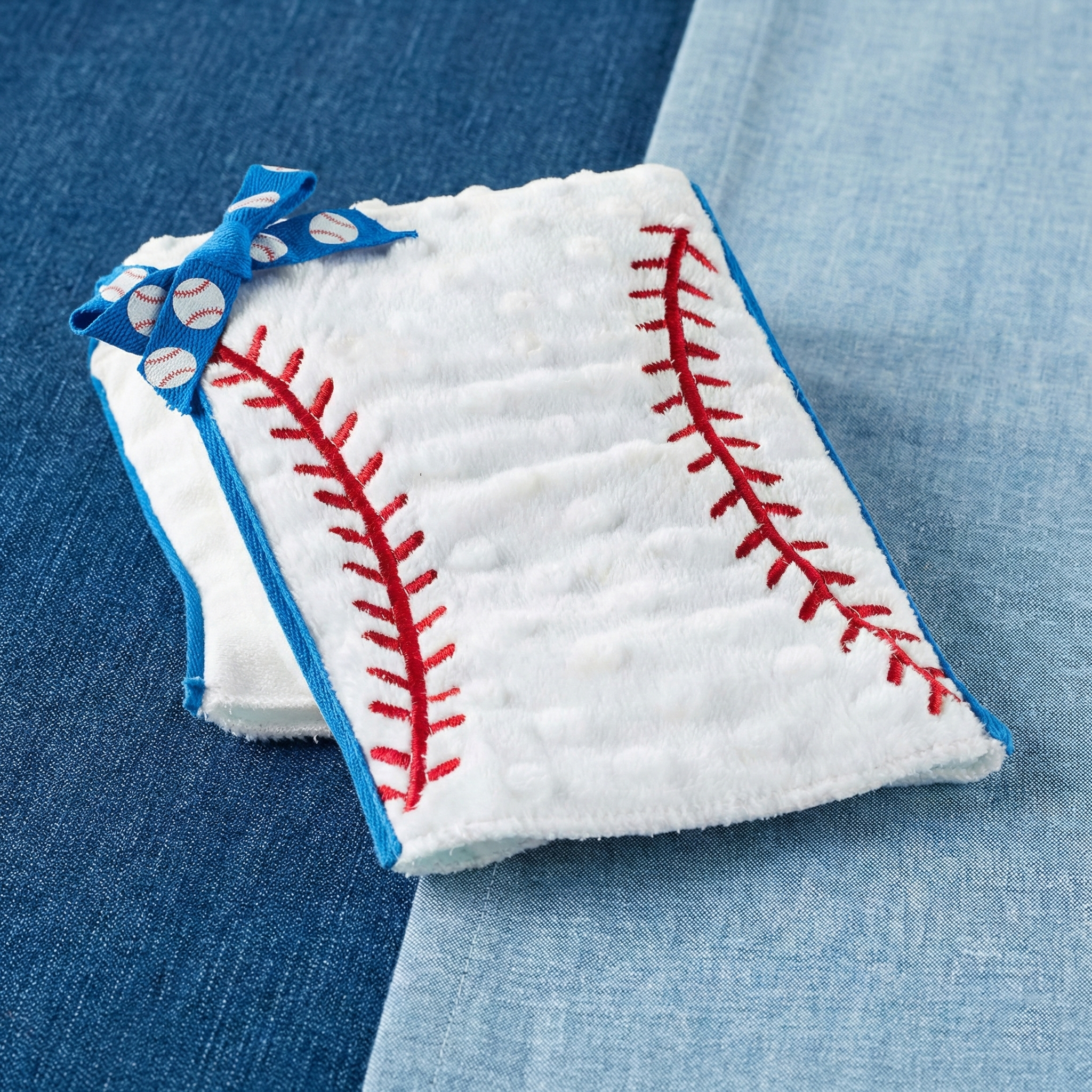 Mud Pie Soft Baseball Baby Burp Cloth on a blue background