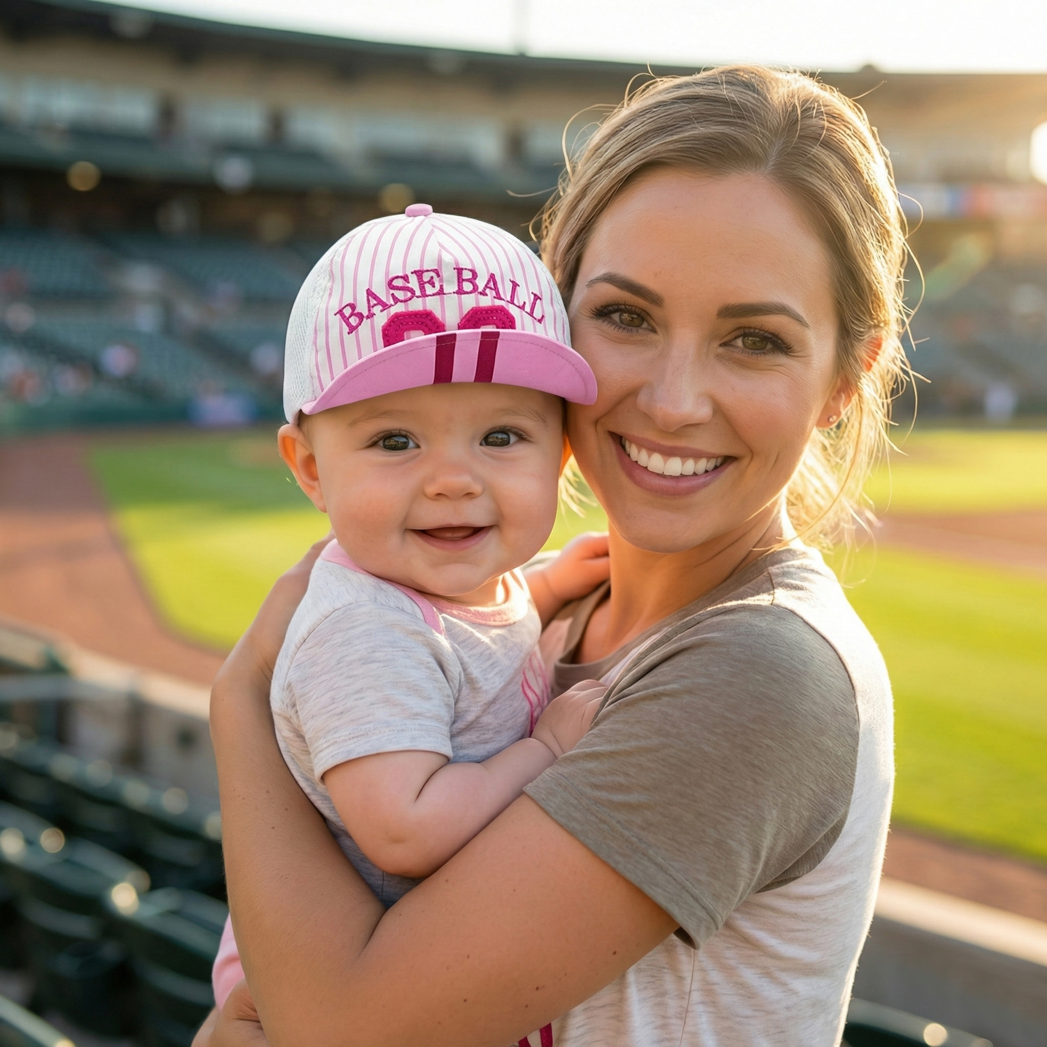 Woman holding a baby with a pink baseball cap at a stadium