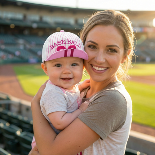 Woman holding a baby with a pink baseball cap at a stadium