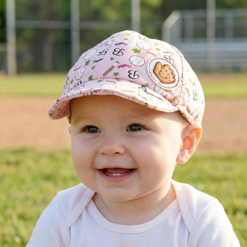 Pink baseball baby cap on a baby at the baseball field