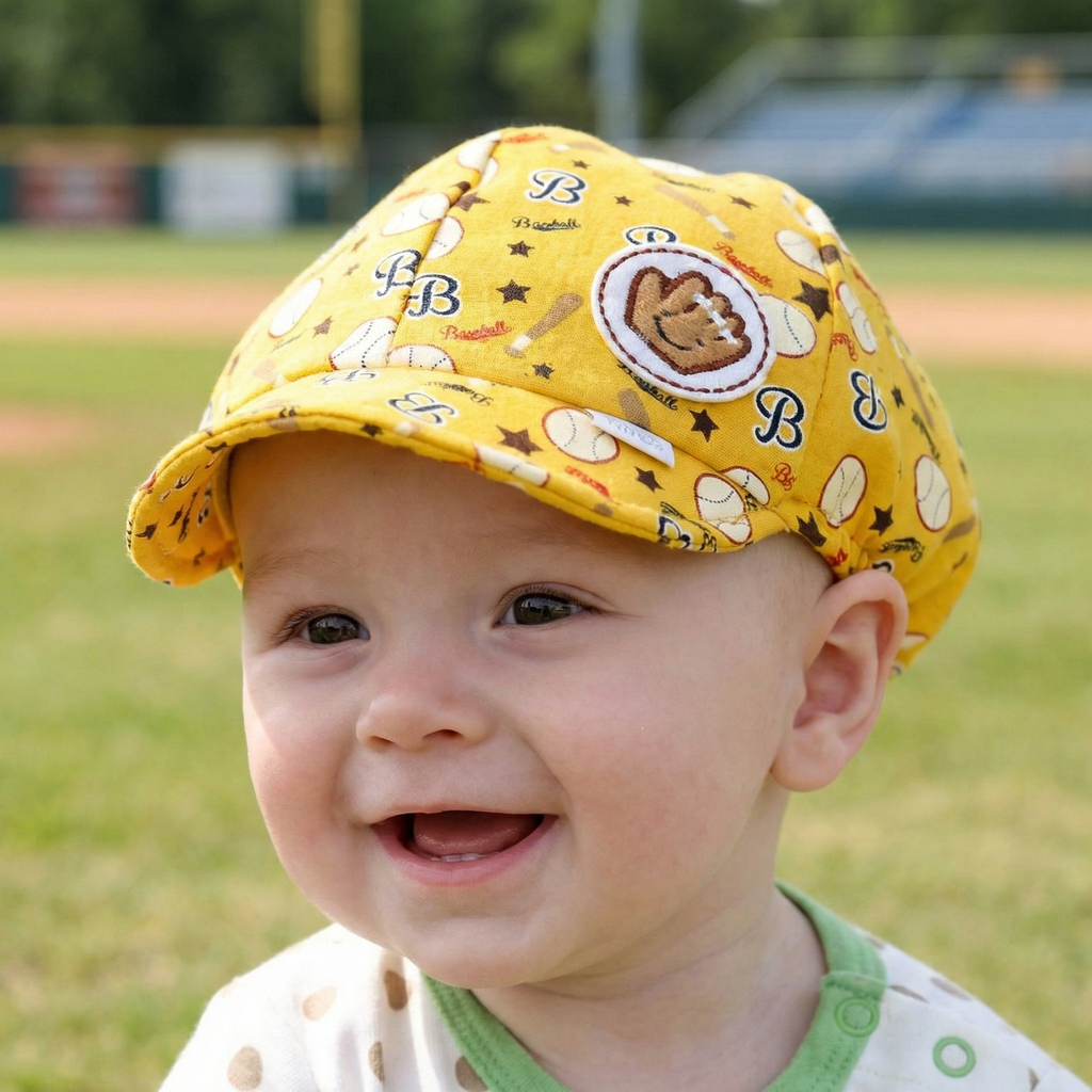 Yellow baseball baby hat on a baby at the baseball field