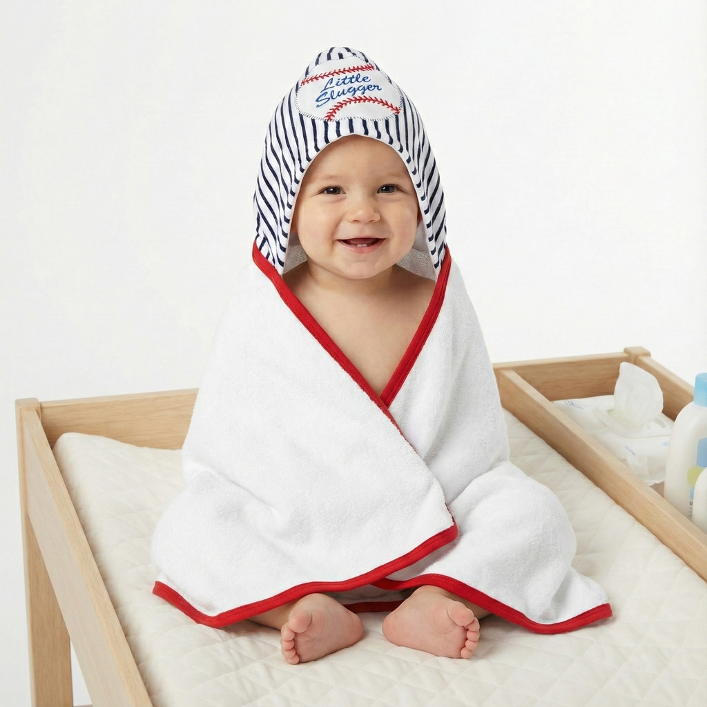 Baby wrapped in a hooded baseball Little Slugger towel with red trim, sitting in a crib.