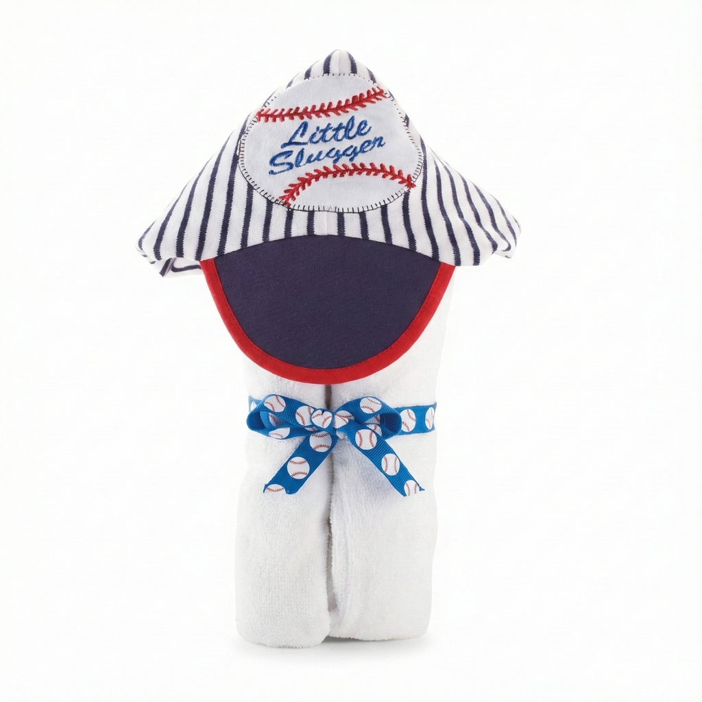 Baby hooded towel with striped hood on a white background