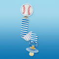 Mud Pie Baseball Baby Pacifier Clip on blue background.