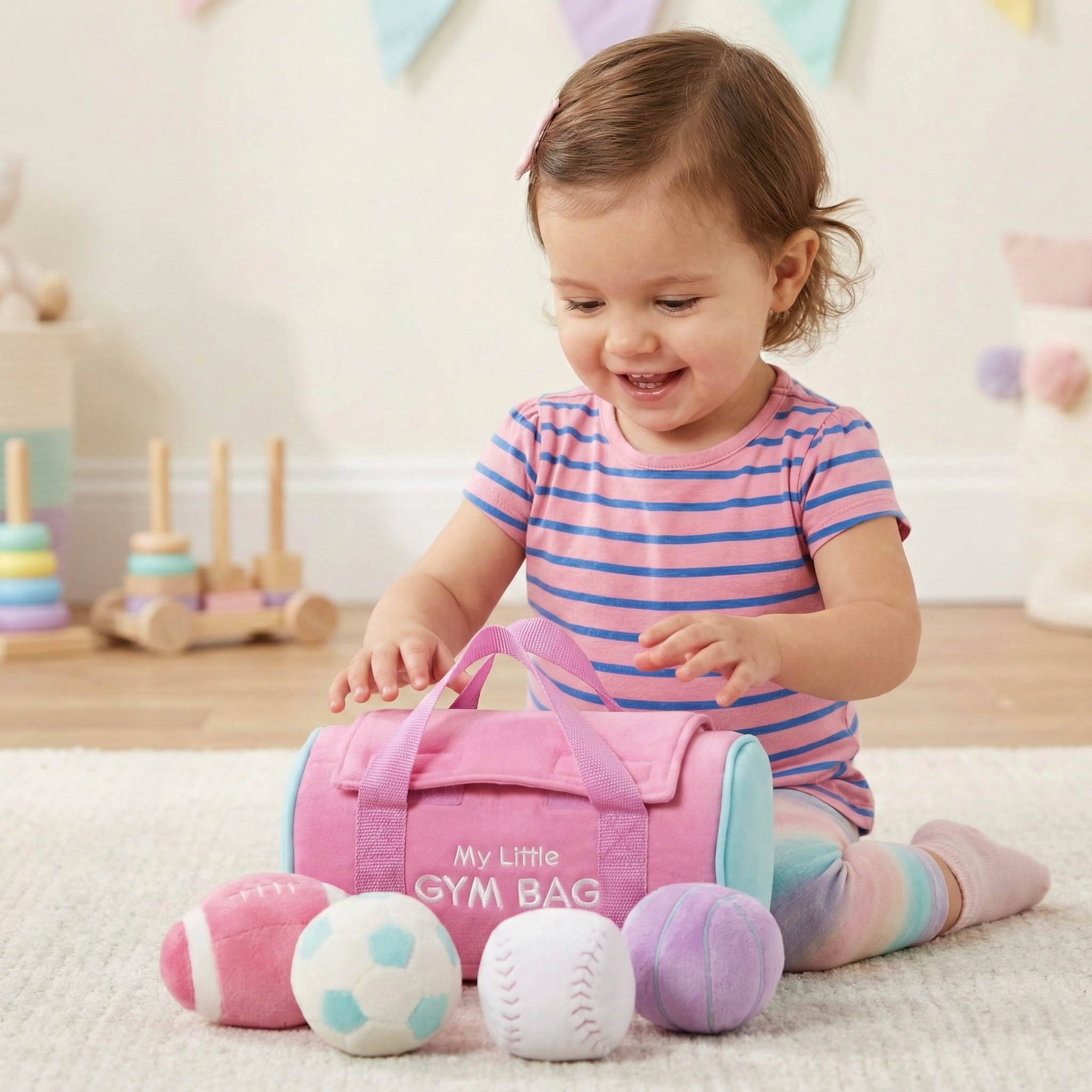 Little girl playing with My Little Gym Bag Pink Plush Playset
