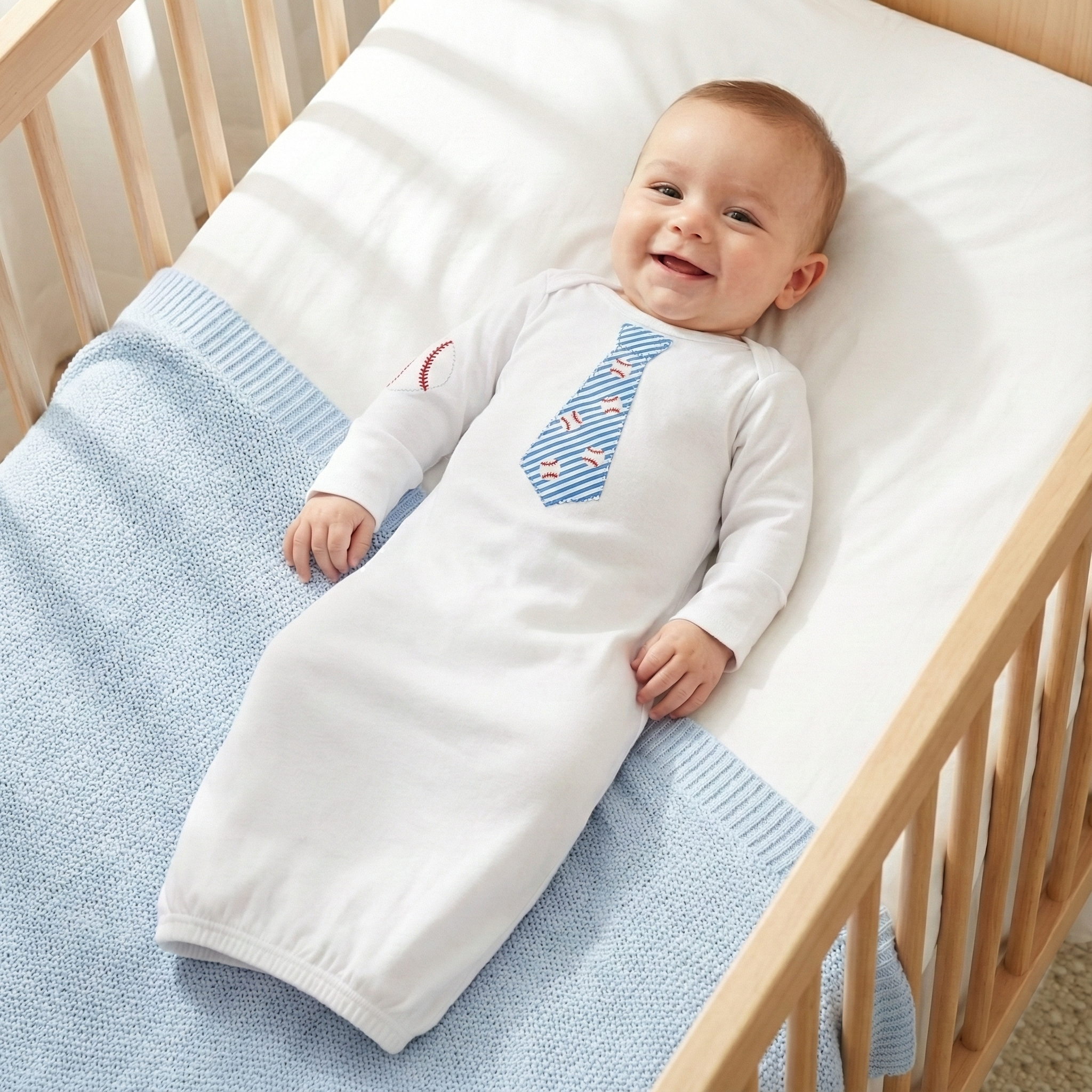 Happy baby lying in a crib with a white baseball sleep gown outfit and blue accents
