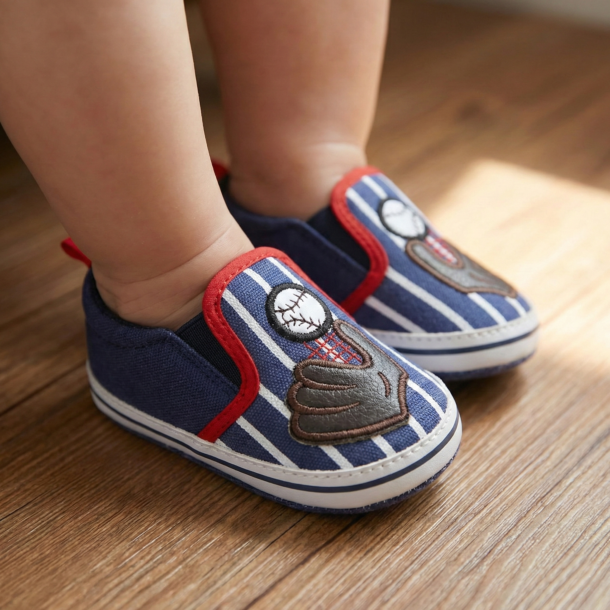 Children's blue and red striped baseball baby slipper shoes on a wooden floor.