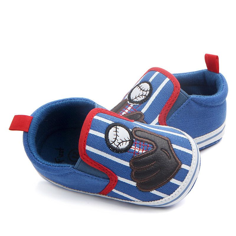Blue baseball baby shoes with red accents and baseball glove design on a white background