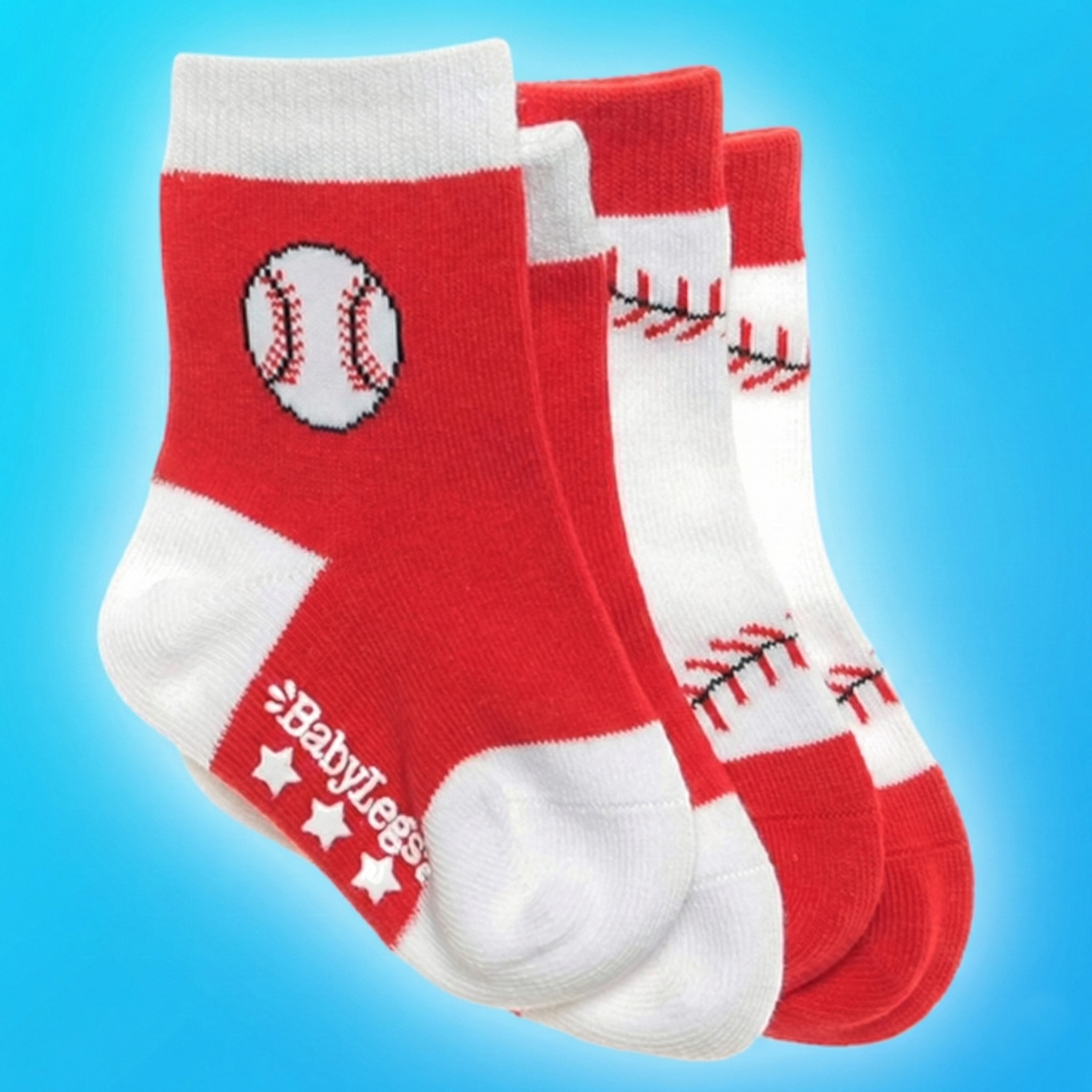 Fly Ball Baseball Baby Socks on a blue background