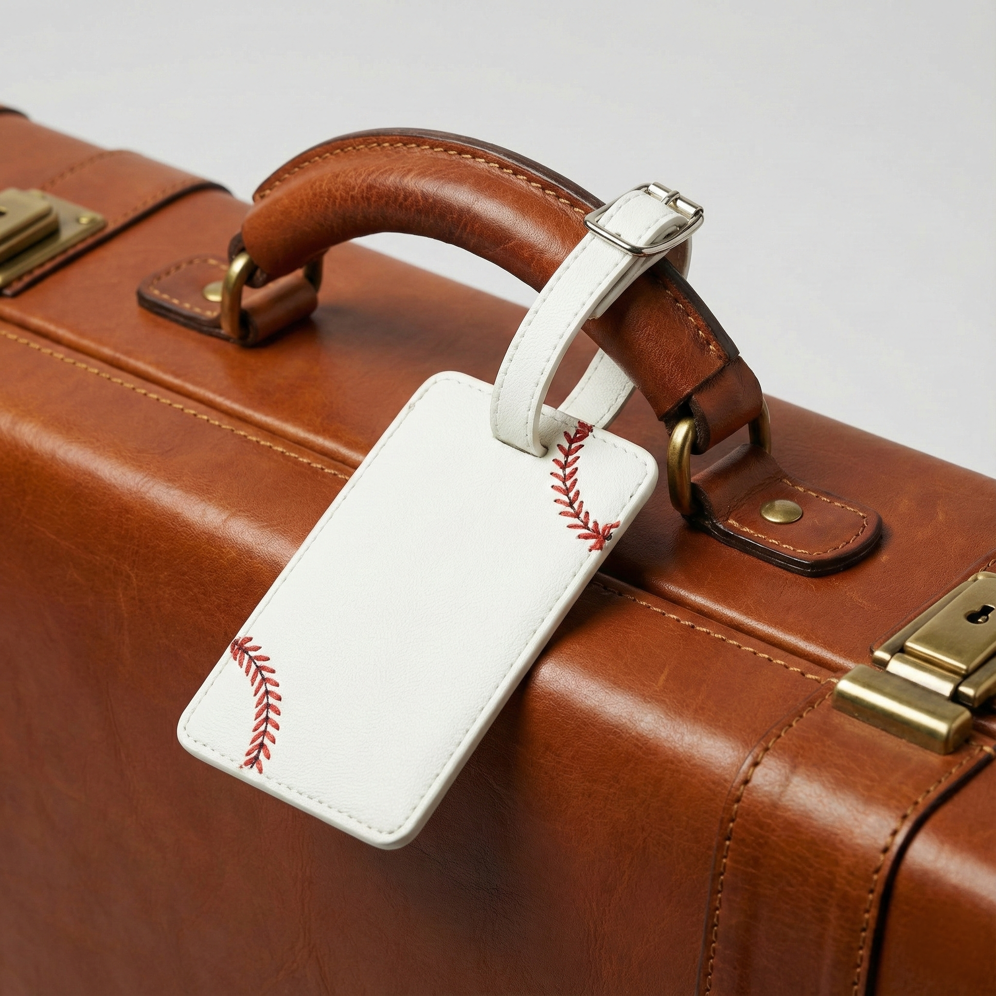 Brown leather suitcase with a white baseball luggage tag featuring a red seams on a light gray background