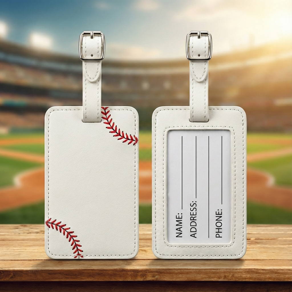Two luggage tags with a baseball design on a wooden surface with a blurred stadium background.