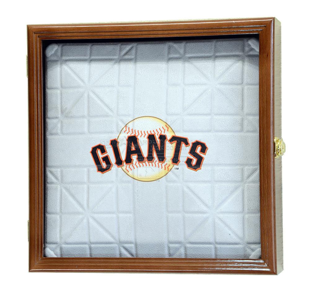 Baseball field base display case with 'Giants' logo in a wooden frame