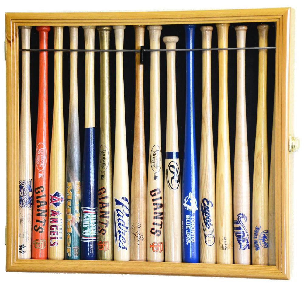 Collection of miniature baseball bats in a wooden display case