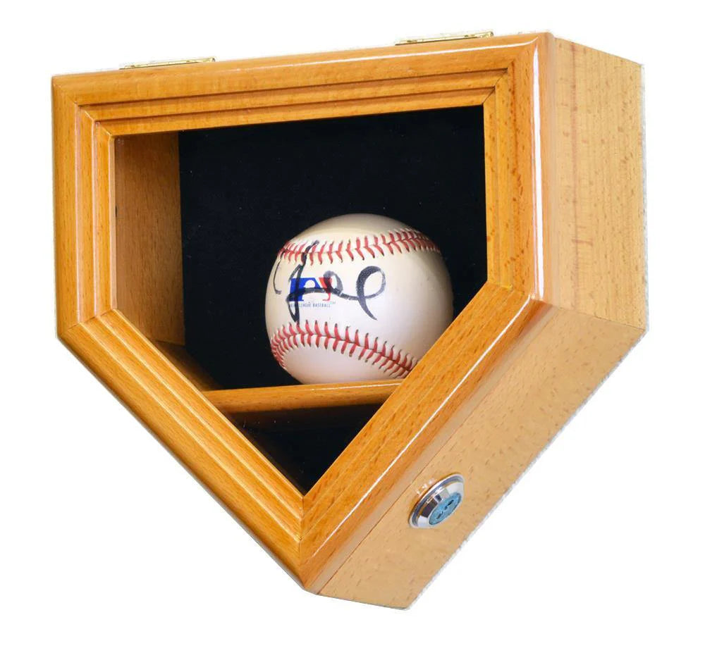Wooden home plate shaped display case with a baseball inside on a white background