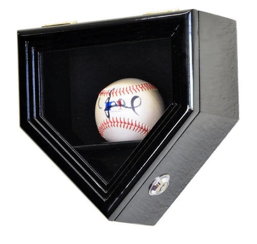 Black single display case with a signed baseball inside on a white background