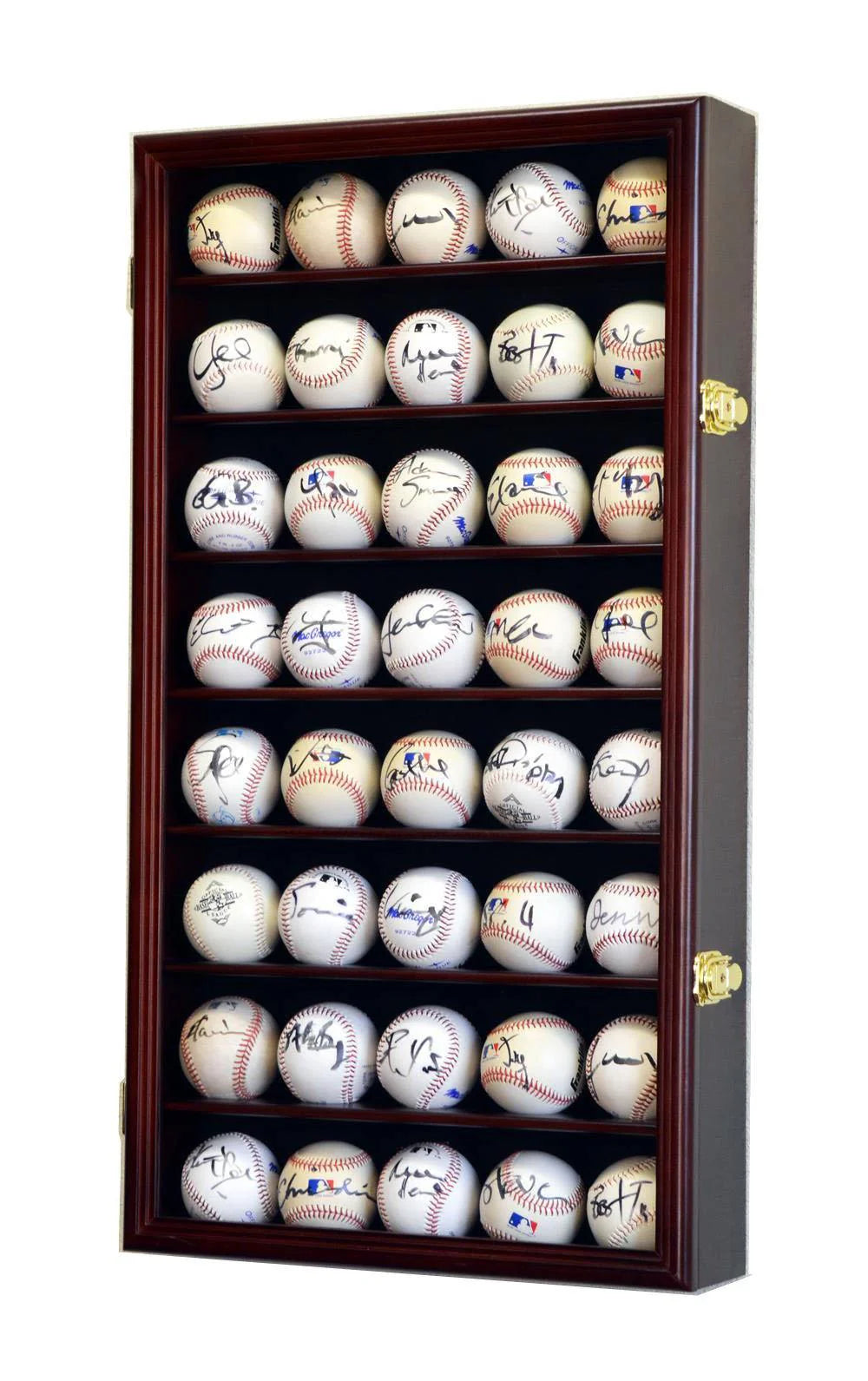 Locking display case with 40 autographed baseballs on a white background