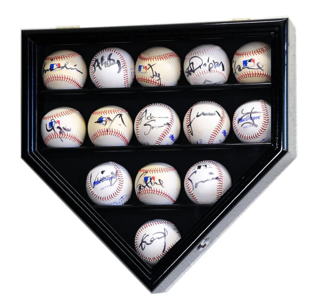 Black home plate-shaped display case with autographed baseballs on a white background