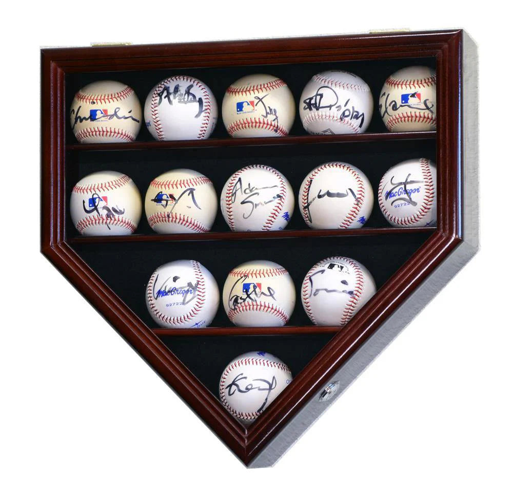 Baseball UV display case with autographed baseballs on a white background