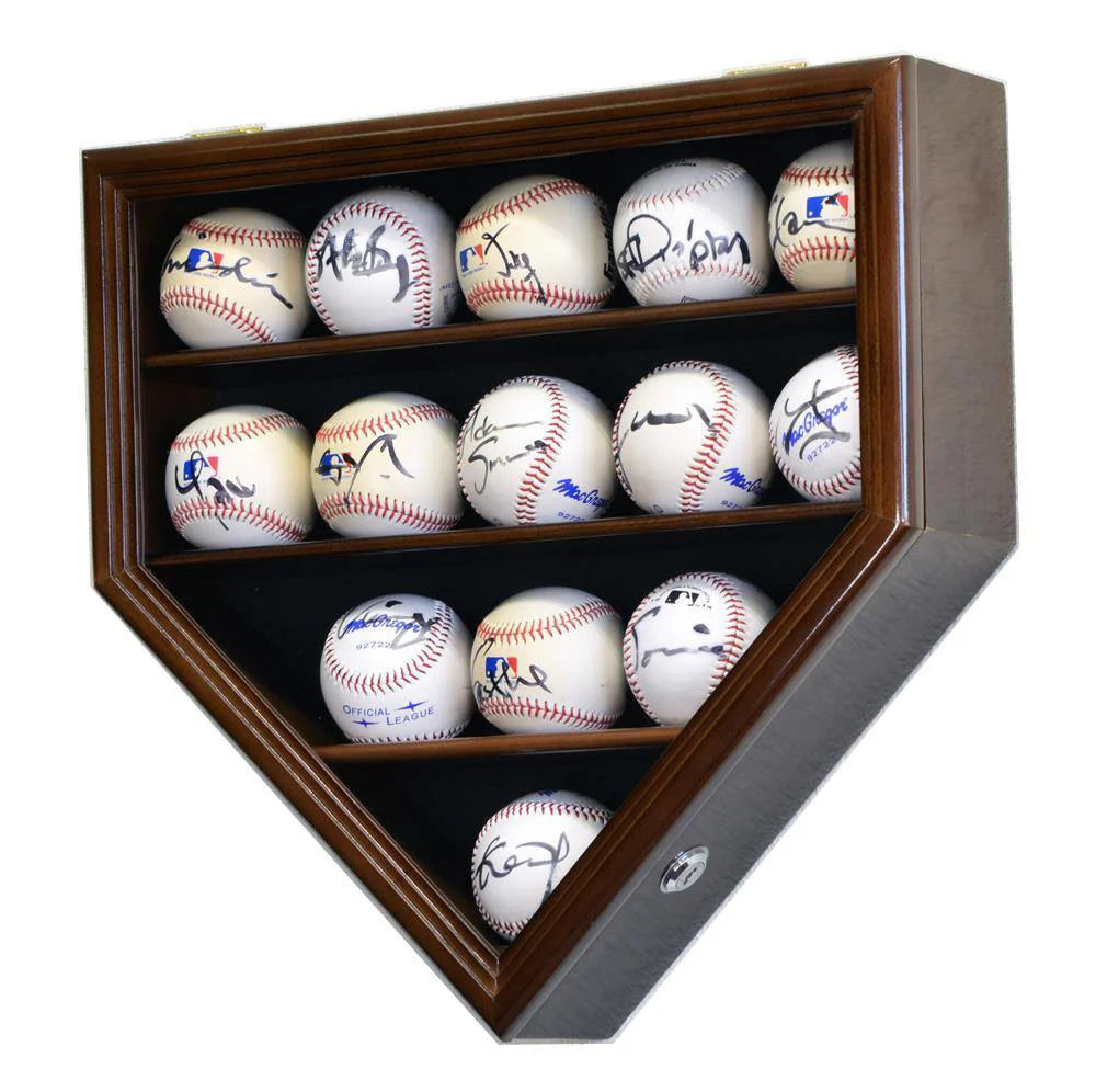 Locking UV baseball display case with autographed baseballs inside