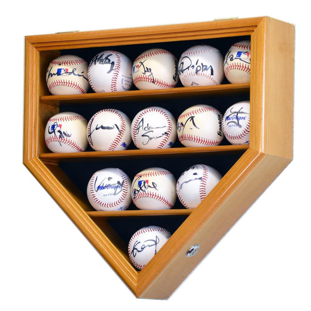 Wooden display case with autographed baseballs on a white background