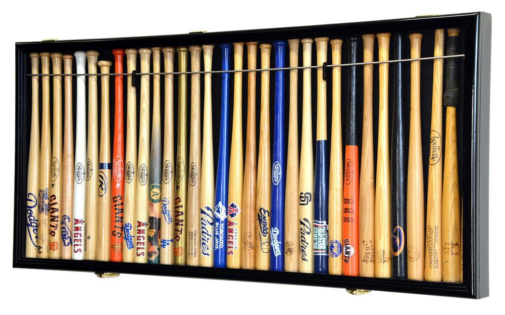 Collection of mini baseball bats in a display case with various colors and logos.