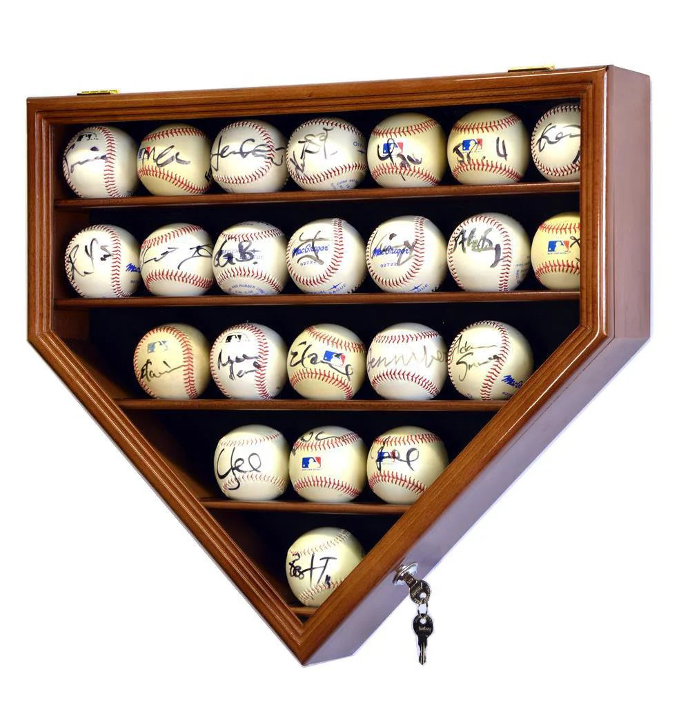 Locking UV baseball display case with autographed baseballs on a white background