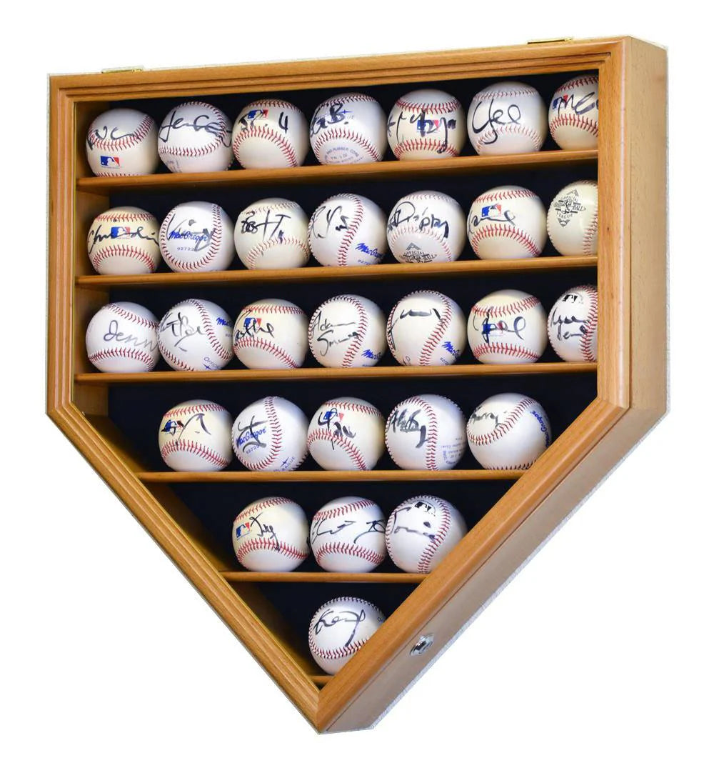 Locking UV wooden display case shaped like a home plate with autographed baseballs inside