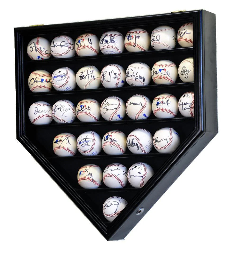 Black home plate-shaped display case with 30 signed baseballs on a white background