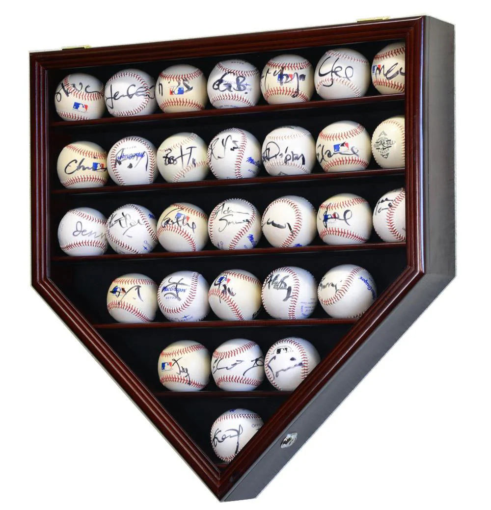 Baseball display cabinet with 30 signed baseballs inside, shaped like a home plate.