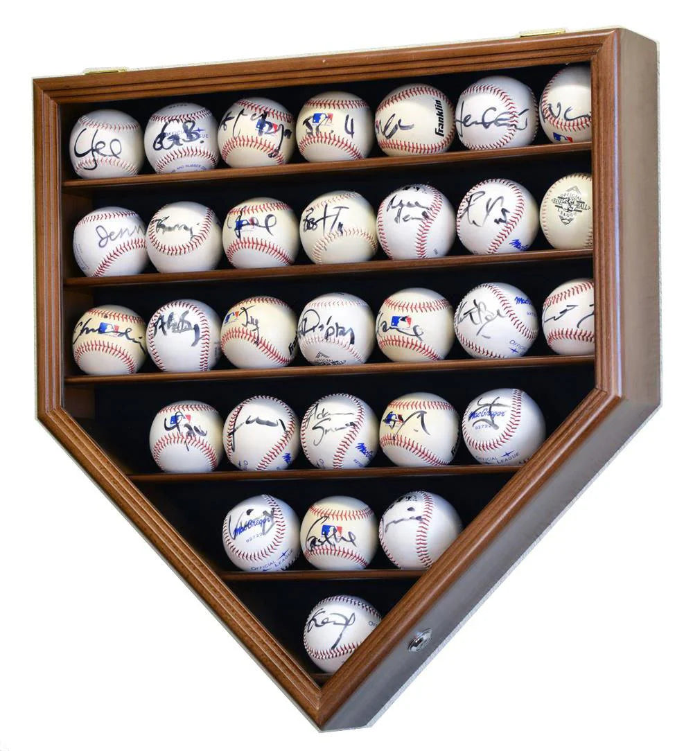 Wooden locking UV display case shaped like a home plate with autographed baseballs inside