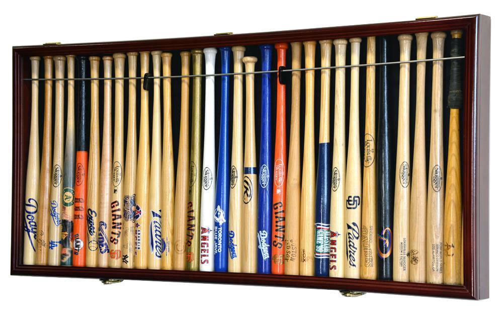 Collection of mini baseball bats in a display case cabinet with various brands and colors.