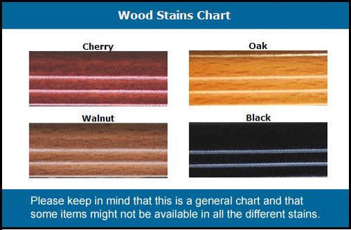 Wood stains chart with Cherry, Oak, Walnut, and Black color swatches.