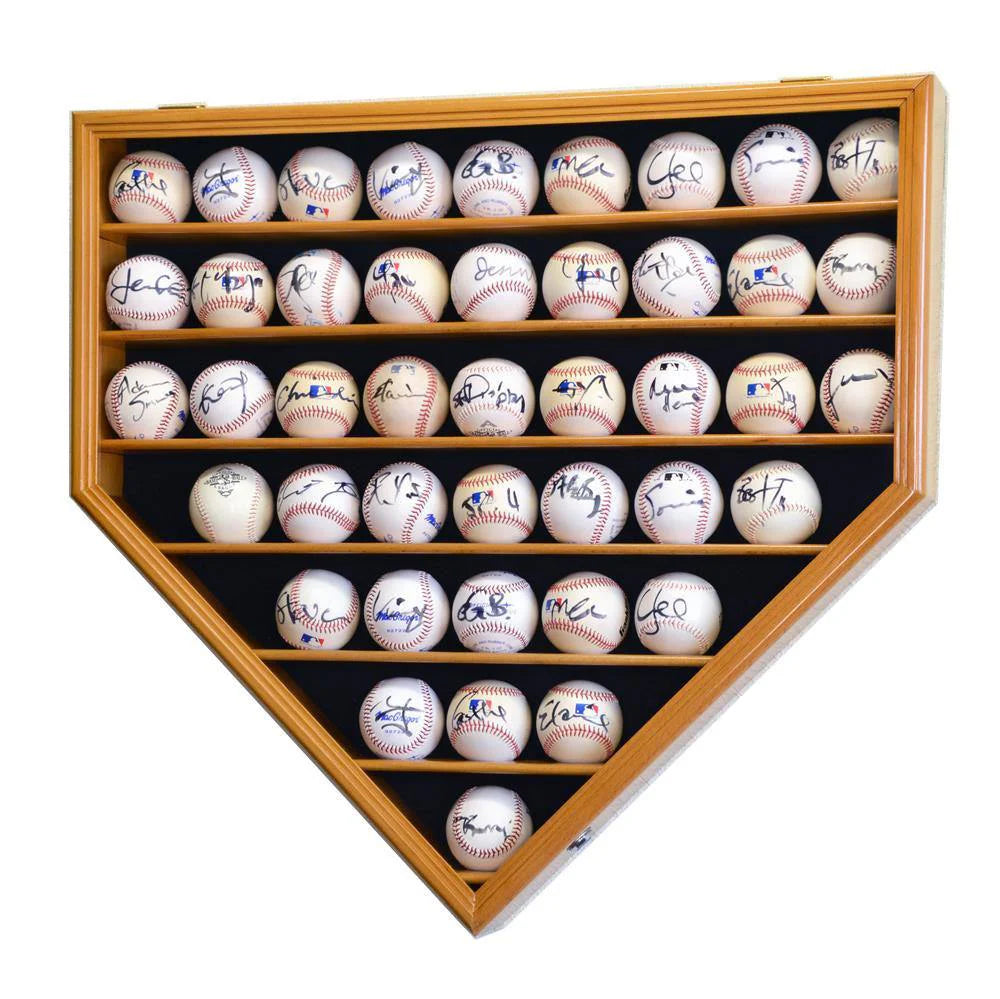 Baseball display case with autographed baseballs inside, shaped like a home plate.