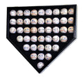 Black locking UV display case with 43 autographed baseballs arranged in a grid pattern.