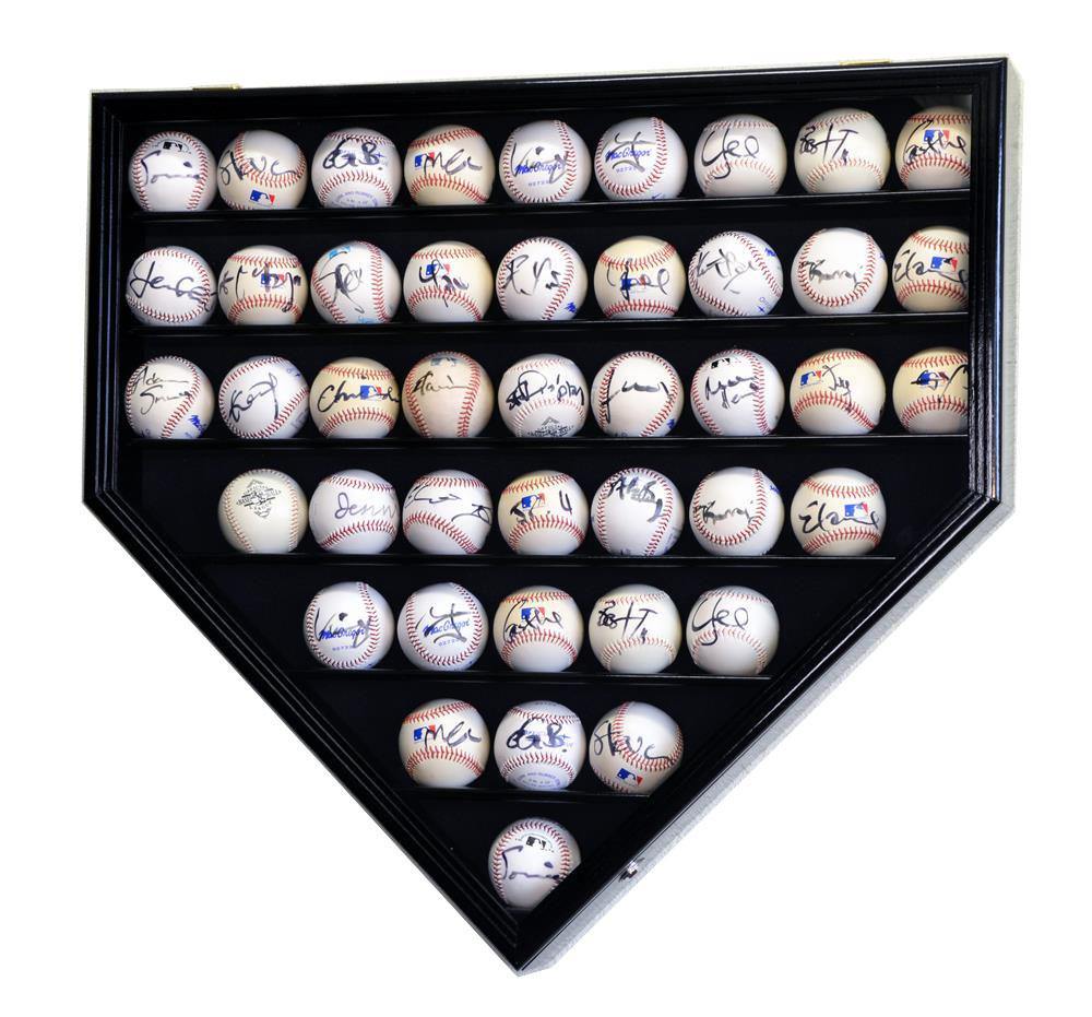 Black locking UV display case with 43 autographed baseballs arranged in a grid pattern.