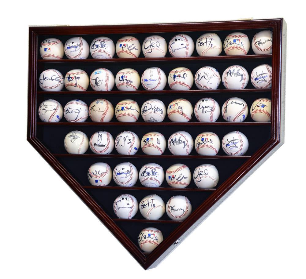 Wood display case for 43 autographed baseballs shaped like a home plate