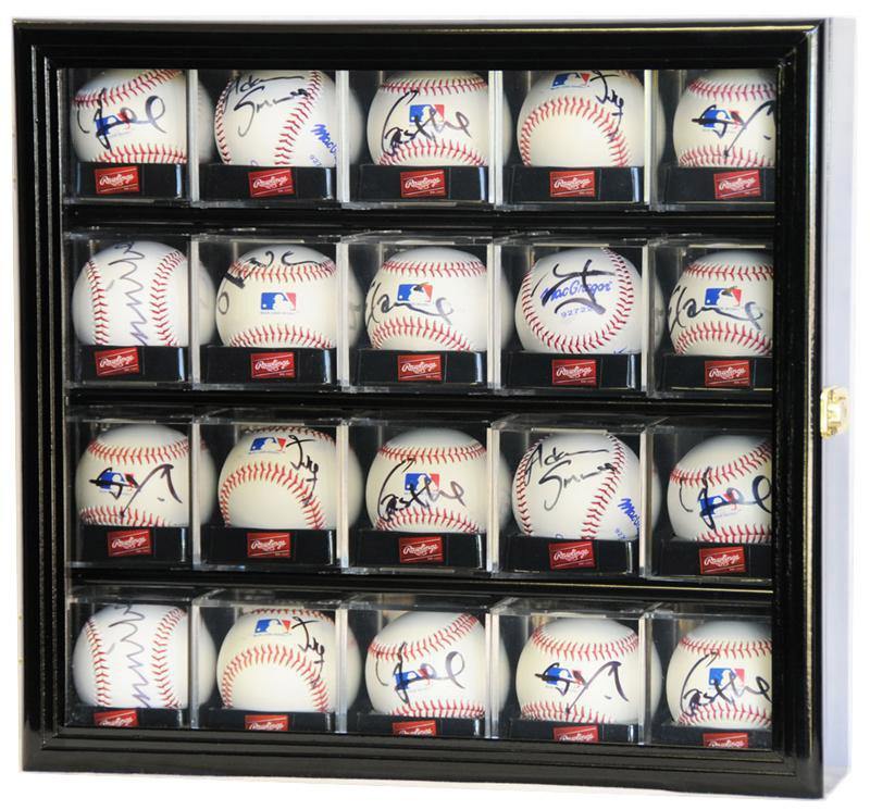 Display case with 20 signed cubed baseballs, each with a visible signature and logo.