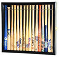 Collection of mini baseball bats in a display case with various team logos.