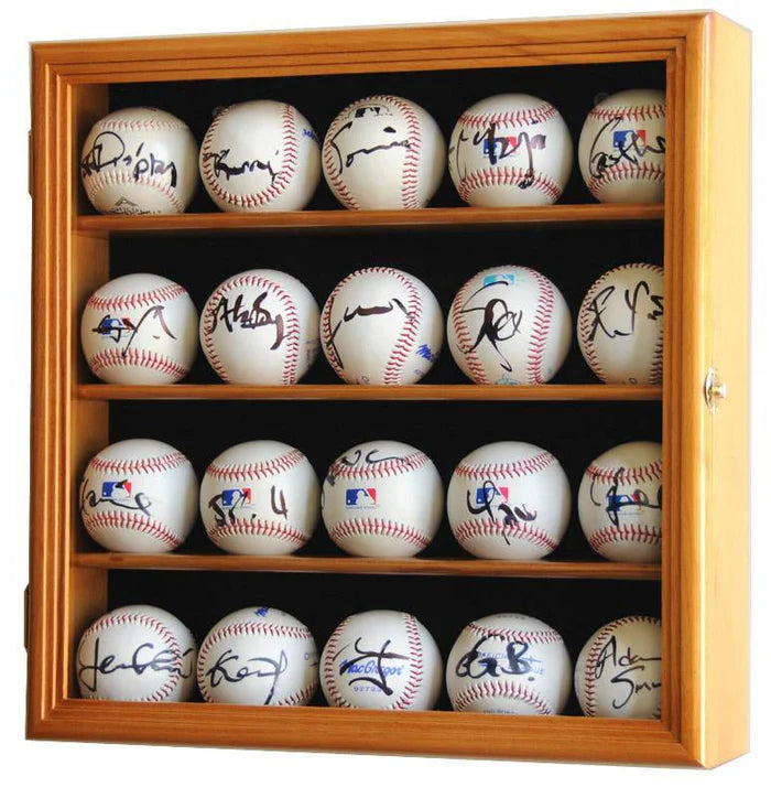 UV locking wood display case with shelves holding various autographed baseballs.